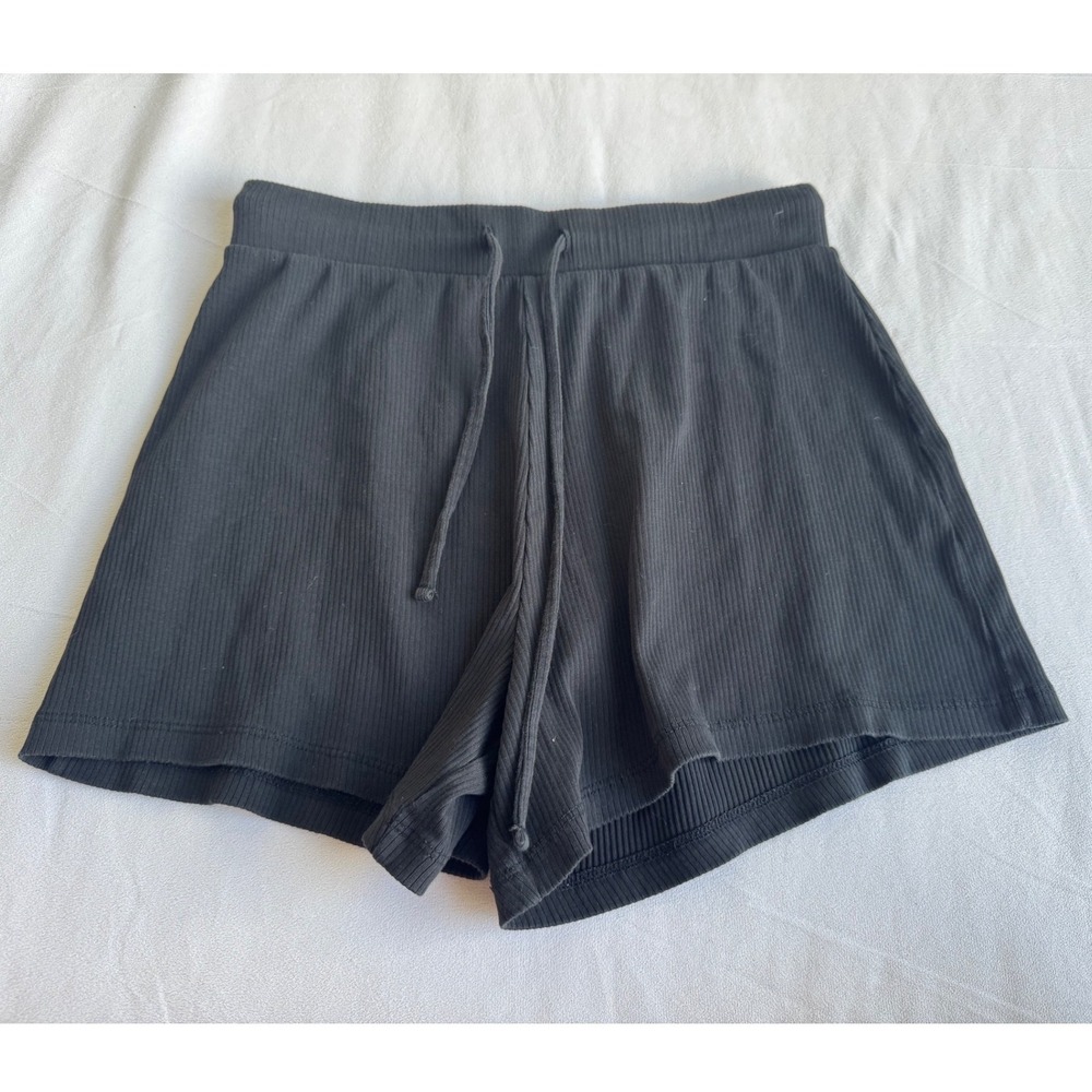 Skin Black Pima Cotton Ribbed Lounge Shorts Drawstring Minimalist Basics Size 1